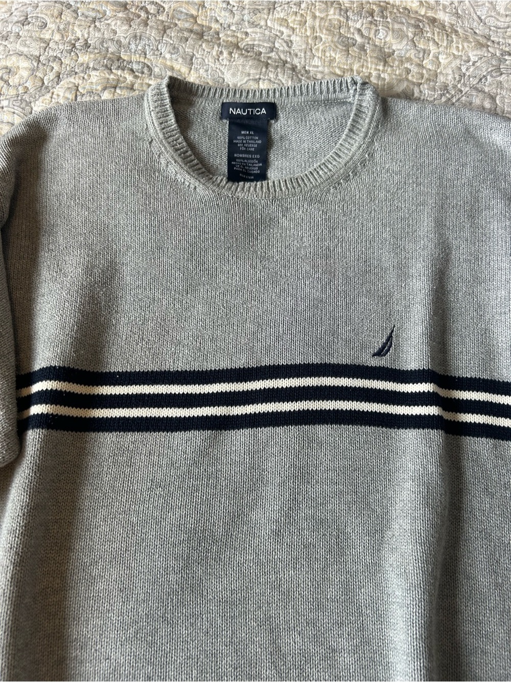 Nautica Men’s Light Gray Crewneck Sweater with Navy & Cream Stripes